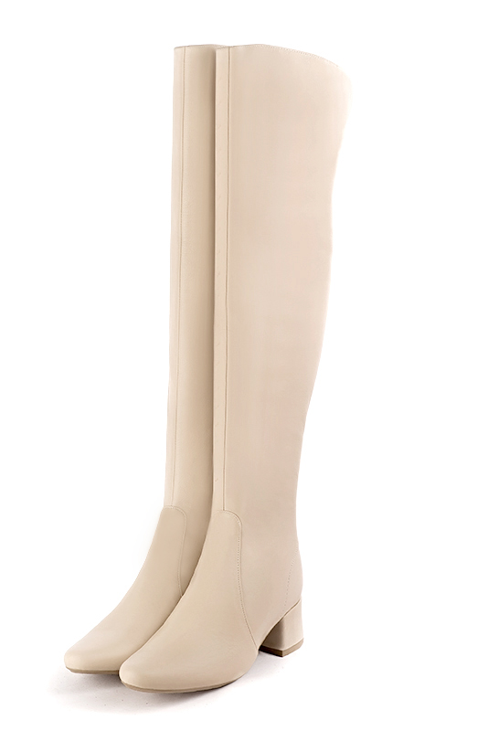 Custom-made women's champagne white stretch elegant thigh-high boots. Round toe. Low flare heels - Front view